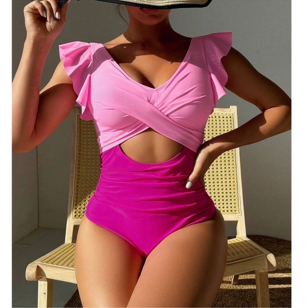 Color Block Cut out Twist Ruffle Sleeve Monokini One Piece Swim S M L XL